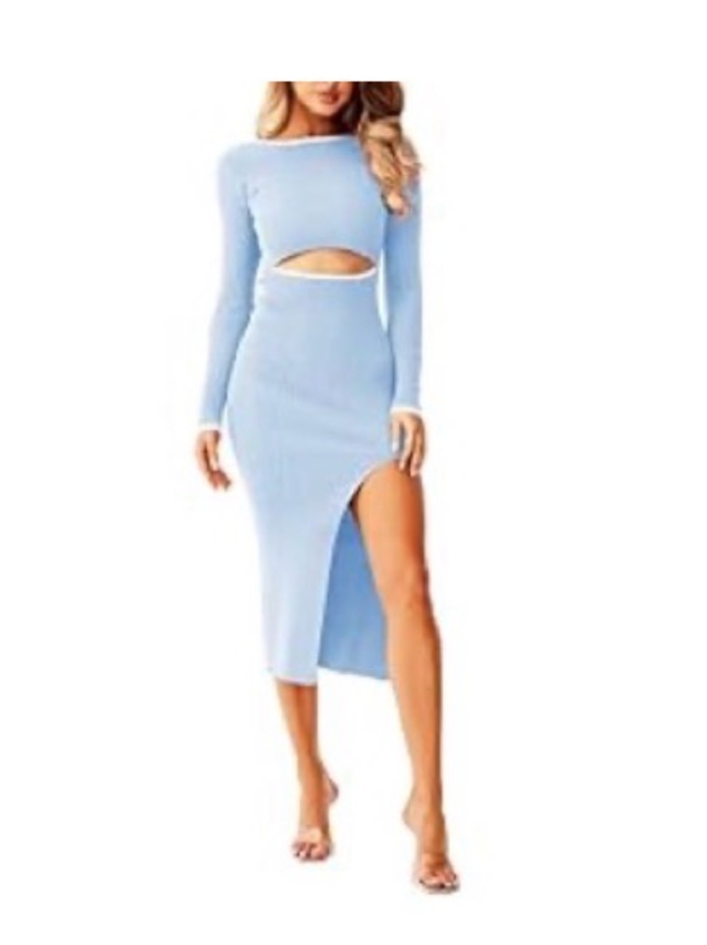 Amazon Long Sleeve Sky Blue Cutout Midi Dress with High Slit